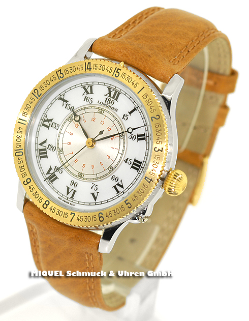 Longines Lindbergh Automatik Stundenwinkeluhr mit Goldlünette